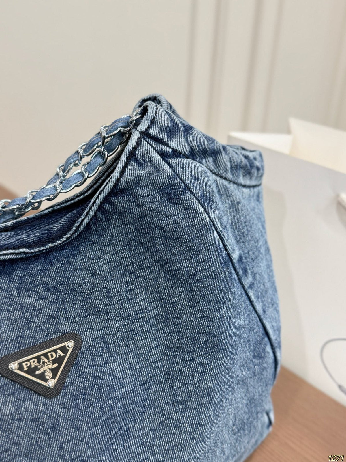 Prada Washed Denim Chain-Handle Tote — detail