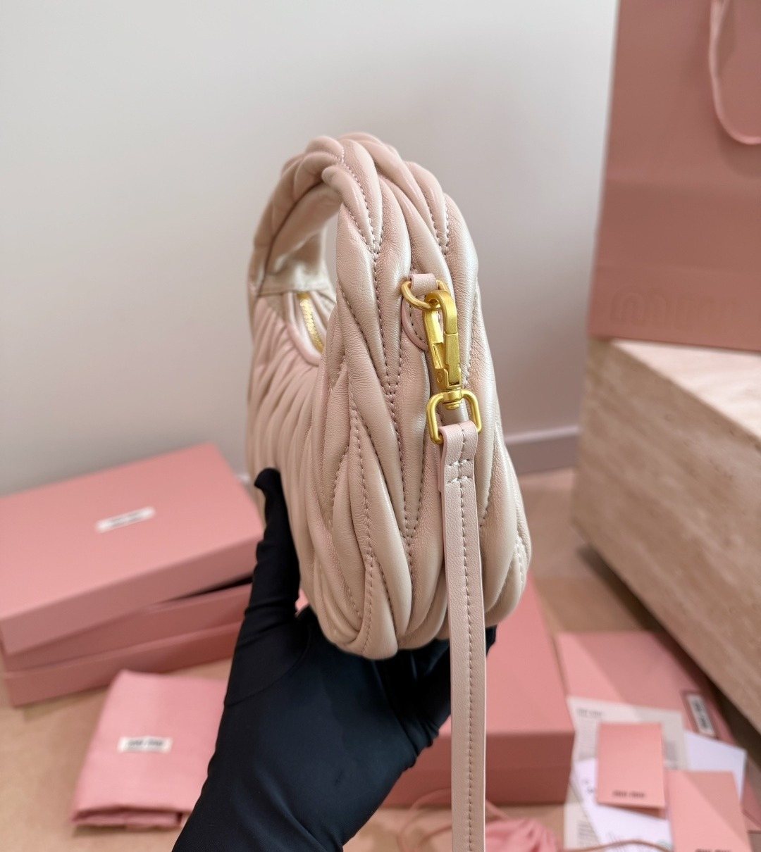 Miu Miu Wander Gathered Leather Hobo Bag — side