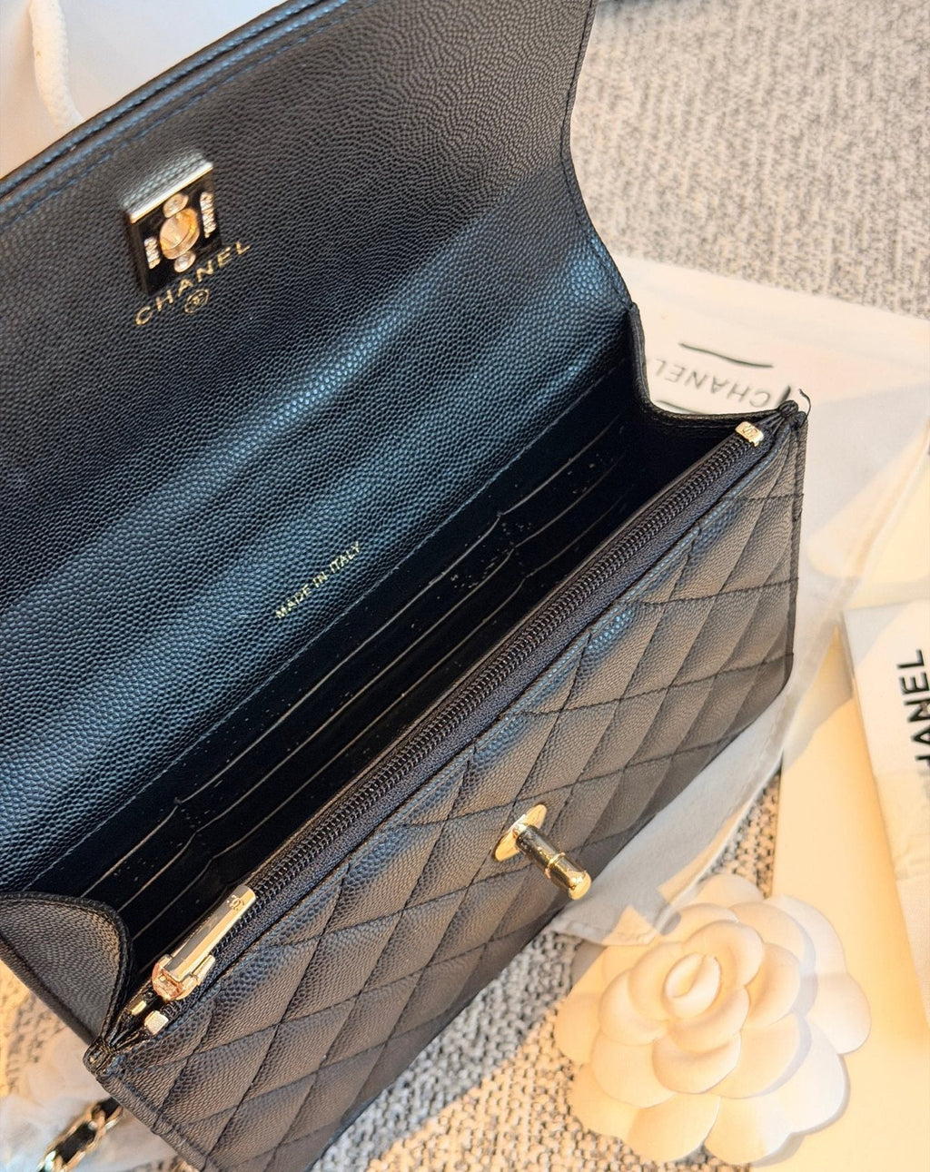 Chanel Quilted Top-Handle Flap Bag — detail