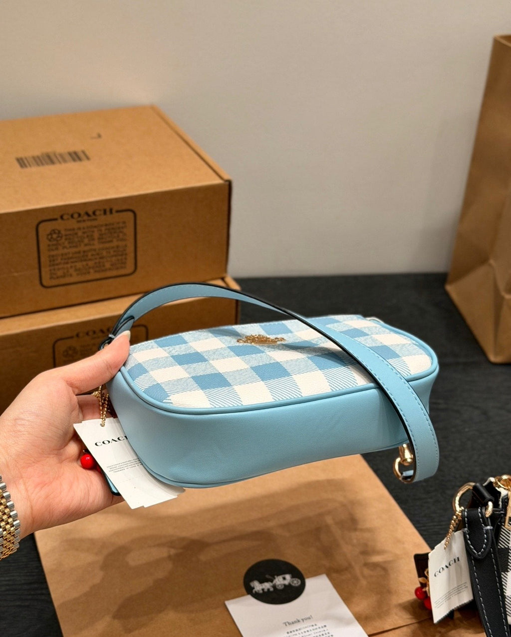 Coach Nolita 19 Check Shoulder Bag with Cherry Charm — detail