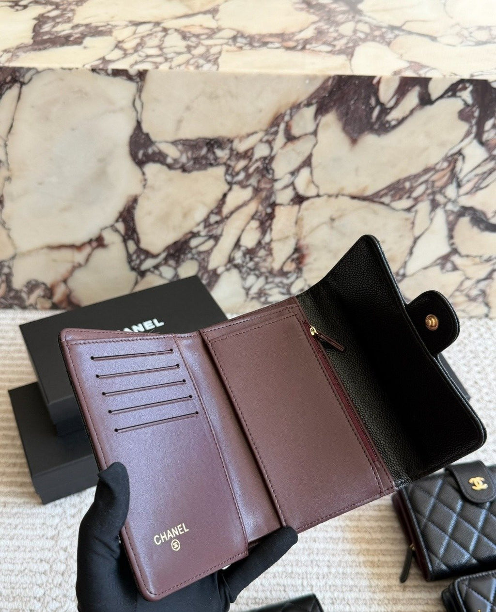 Chanel Black Diamond-Quilted Flap Wallet — detail