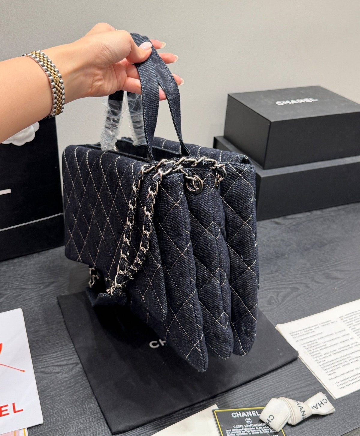 Chanel Quilted Denim Chain Tote — side