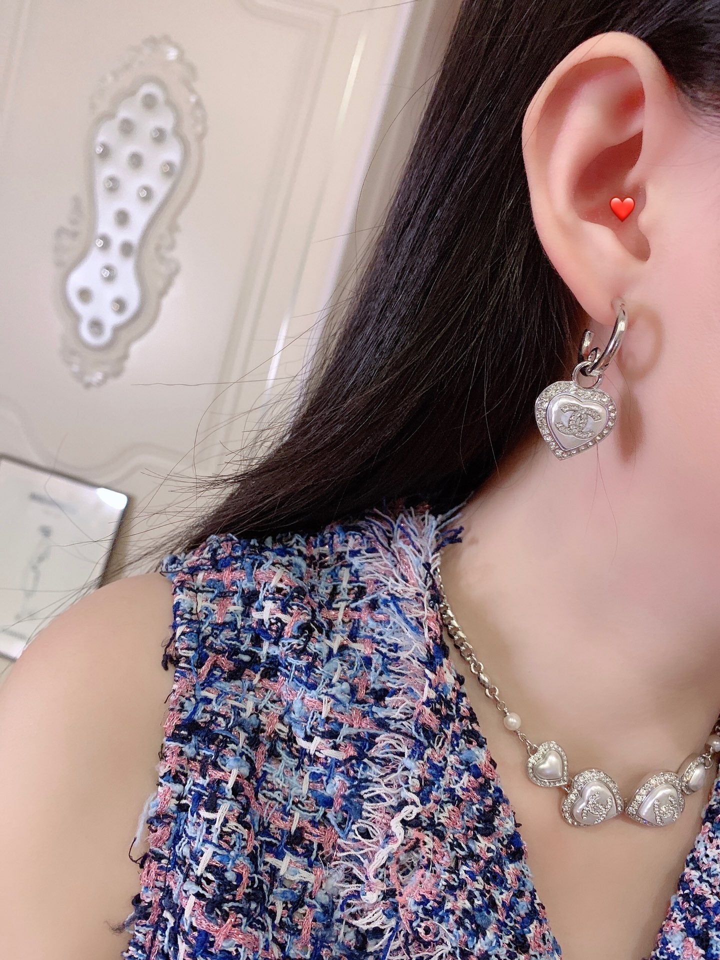 Chanel Double C Drop Heart Silver Diamonds Earrings